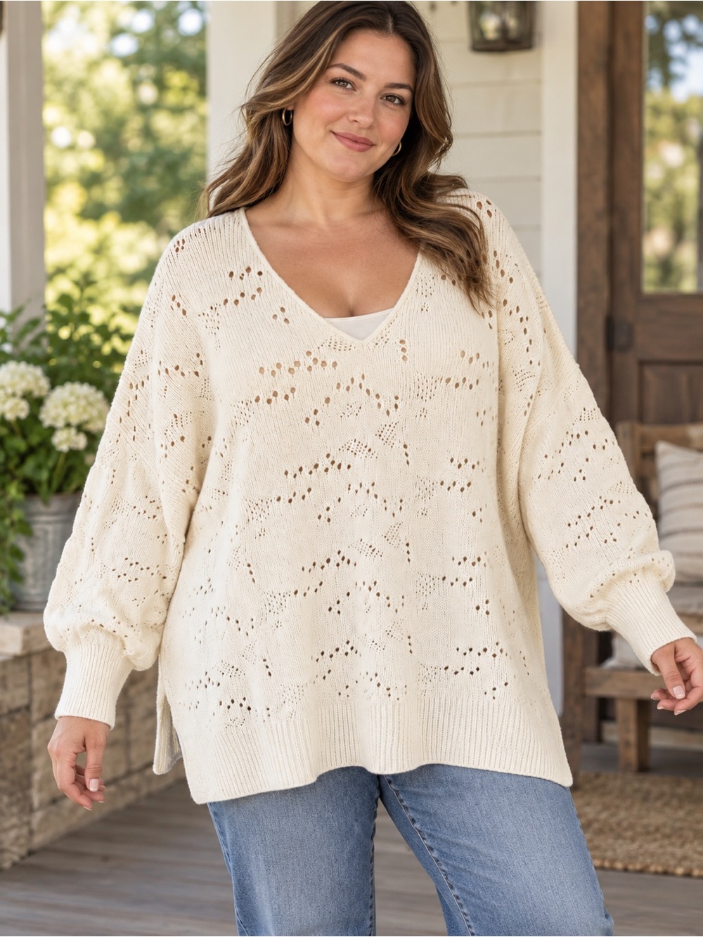Heyson Cream Open-Knit V-Neck Women's Sweater